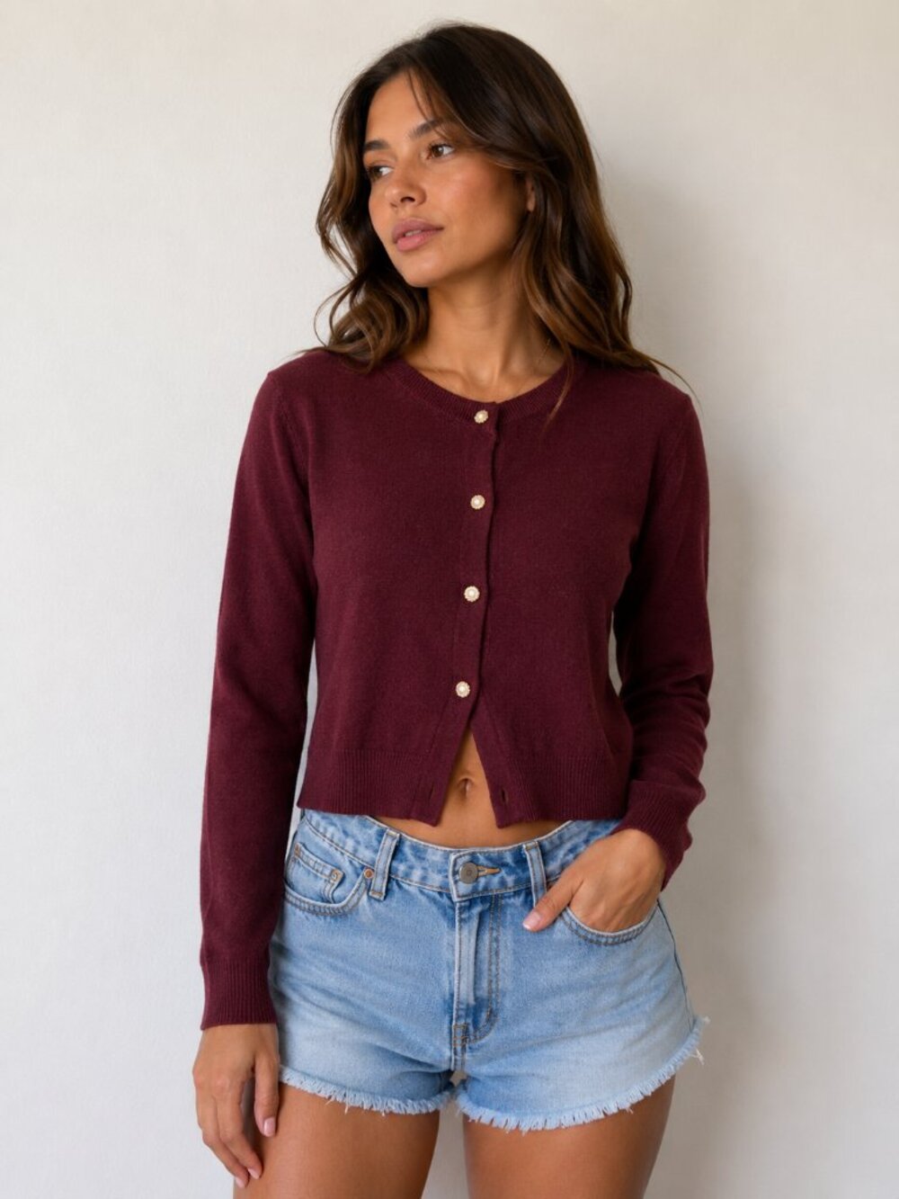 Lafemewanderer Pearl Button Cardigan Size Medium Burgundy